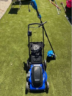 Kobalt electric lawnmower and weed eater combo