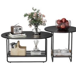 Set Of Two Coffee Tables. Black Dark Wood With Metal Frame And Bottom Shelves. Brand New In Box. 