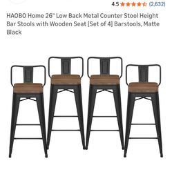 HAOBO Home 26" Outdoor Barstools Patio Stool Metal Bar Stools Set of 4 Counter Height Barstools with Wood Plastic Seat Industrial Bar Chairs Metal Kit