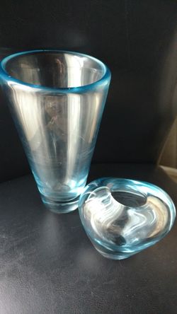 Pair of blue hand blown glass vases made in Holland