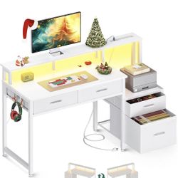 48-Inch Computer Desk with Fabric File Cabinet and Fabric Drawers, Reversible Office Desk