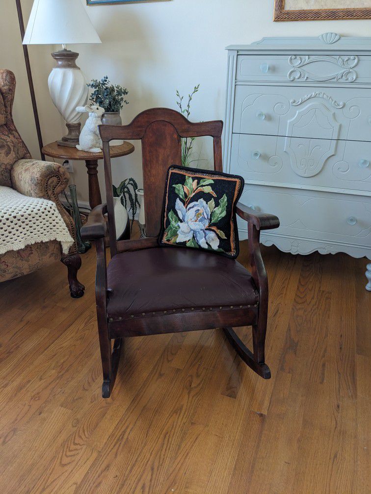 1930s Wood Upholstered Spring Seat Rocker In Good Condition.