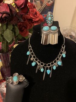 New 4pc set color silver with blue turquoise stones