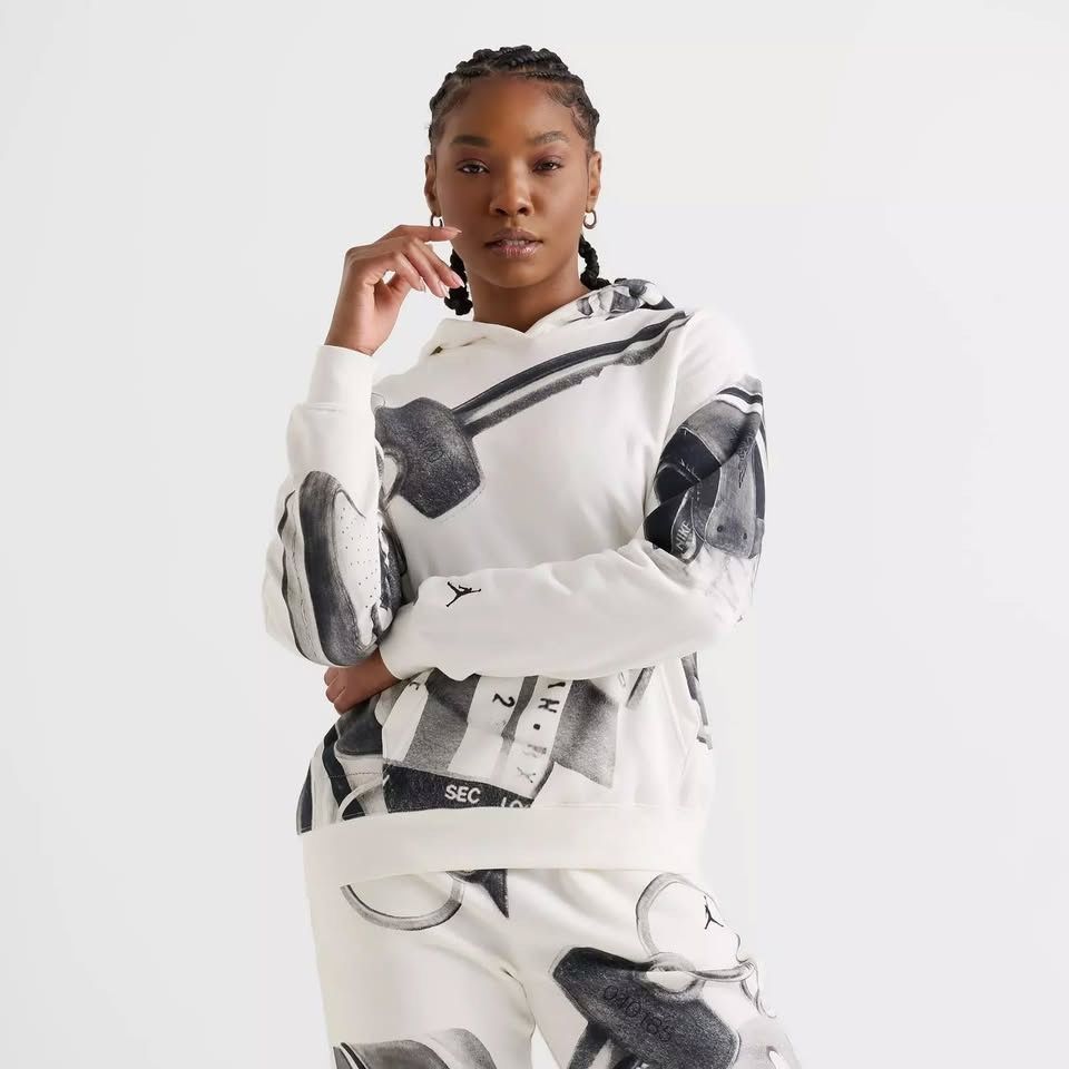 Women's Jordan Brooklyn Fleece All-Over Print Pullover Hoodie - Sail Black - Medium