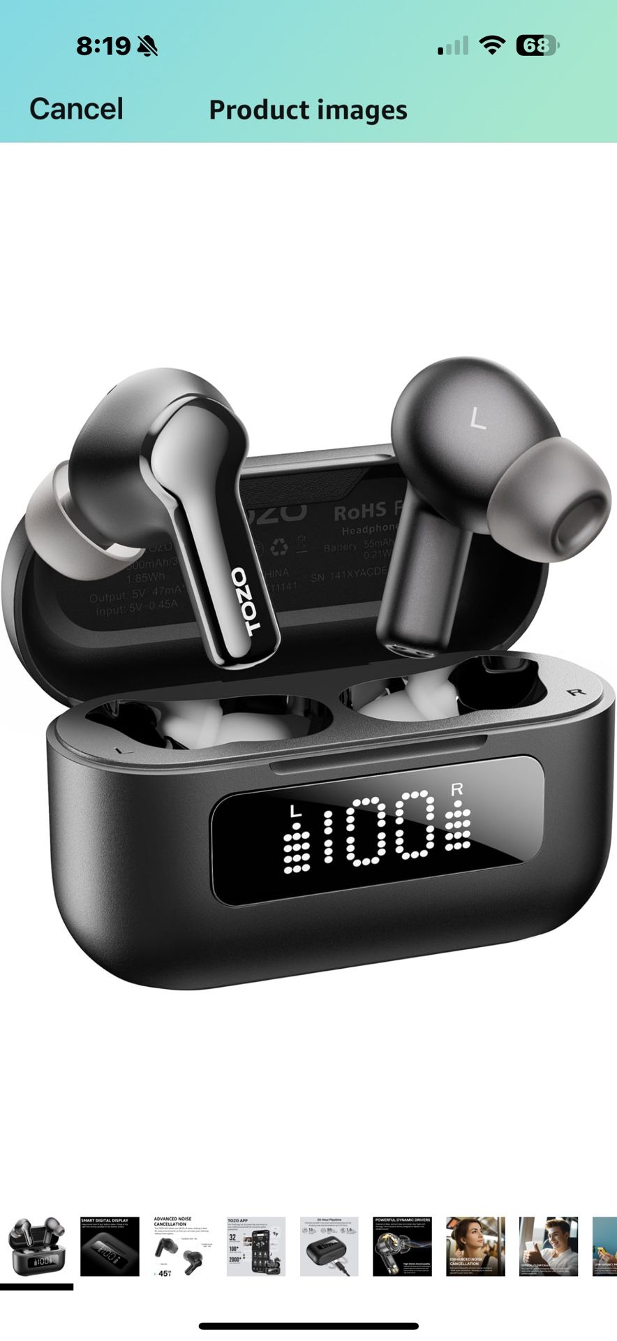 Hybrid Active Noise Cancelling Wireless Earbuds with 6 Mics AI Clear Call Ear Buds 55H Playtime with LED Display 32 Preset EQs via APP Bluetooth 5.3 I