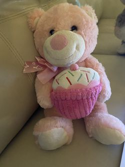 Pink birthday cupcake plush bear