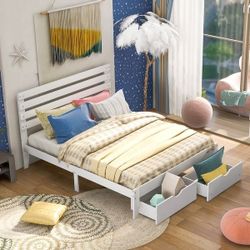 NEW White Queen Size Platform Bed with Drawers