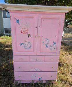 Pink Painted Armoire with Floral Design