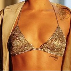 Tops for Women Crystal Diamonds Boob Bra Party Club Metal Strap
