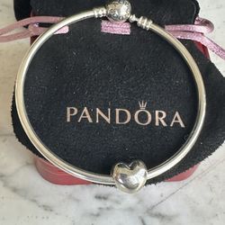 Genuine 925 Sterling Silver Pandora Bangle Bracelet W/ Pandora Charm , Both Hallmarked 925 ALE , Will Fit 7 -7.5 In. 