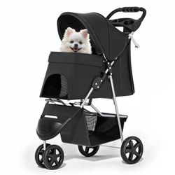 MoNiBloom Foldable Pet Stroller with Weather Cover, 3 Wheels Pet Strolling Cart for Small/Medium Dogs and Cats with Storage Basket and Cup Holder, Bre