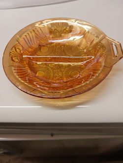 BRAND NEW CARNIVAL GLASS BOWL,  ONE HANDLE,  DIVIDED  SECTION,  MARIGOLD COLOR
