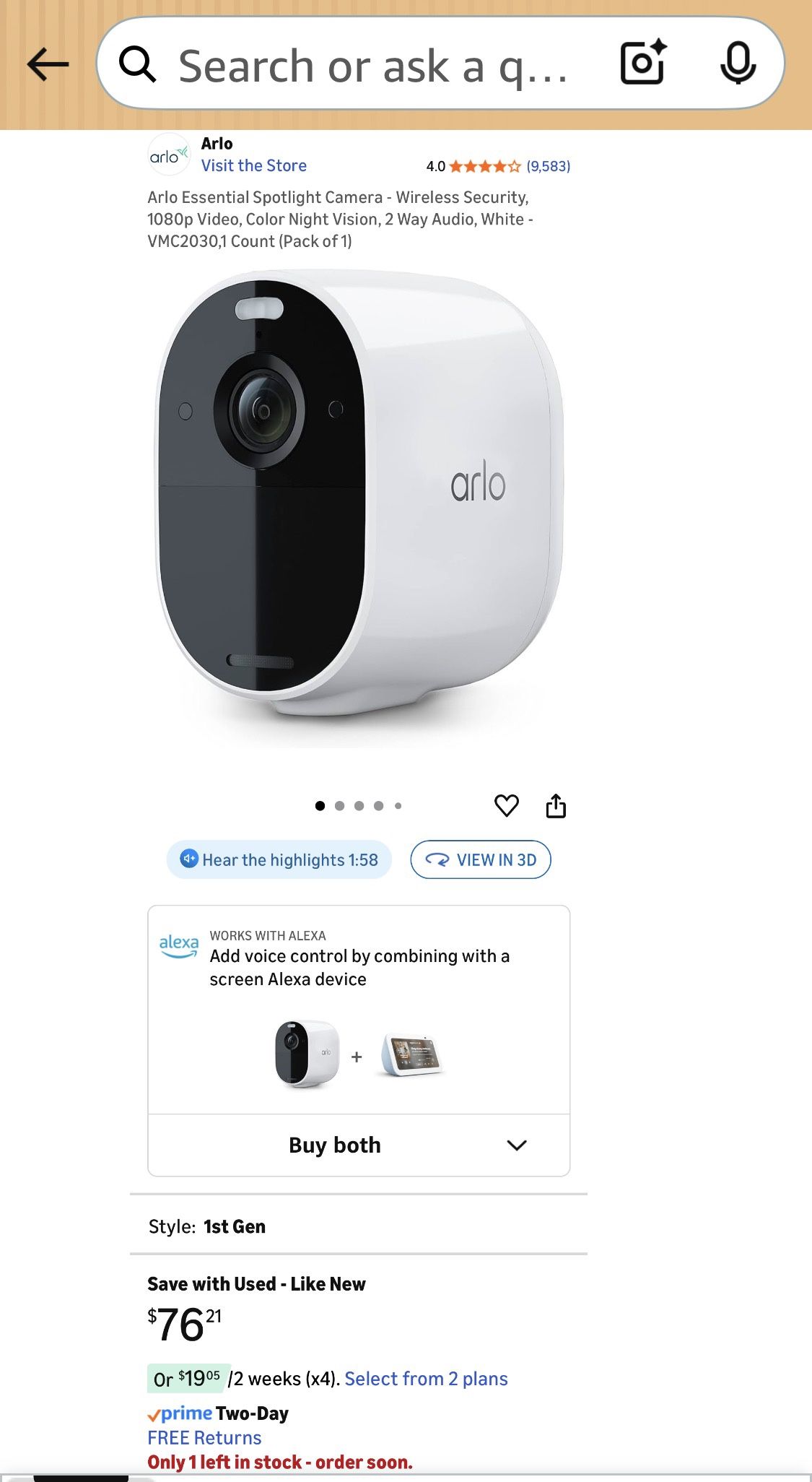 Security Camera Arlo Essential Spot Light