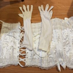 New Vintage Satin Lace Corset Top/ Bow Bustier/Victorian Style-M + Bonus Gloves