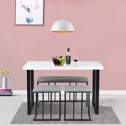 Homy Casa UNATHI 4PC Dining Set 47.2" Marble White Table with 2 Stools and 1 Bench for Kitchen & Dining Room Open Box
