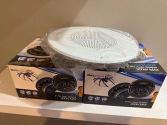 Soundstream 8” speakers 2 boxes and Speco ceiling speaker with wires