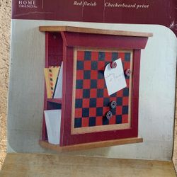 MAIL/MESSAGE CENTER CHECKERBOARD PRINT WITH SMALL SHELVES ON THE SIDE COLOR RED