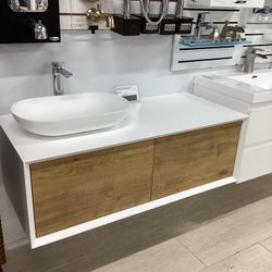 48” Wallmount Vanity Cabinet With Vessel Sink Softclose Drawers Wood Color With White Top Ready For Pick Up Today