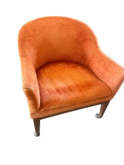 RARE VINTAGE designer Martin Brattrud Orange Crushed Velvet 1970 Russet Armchair Rolling Wheels mod style  24” width  Height 30”  Chair height 16”  On