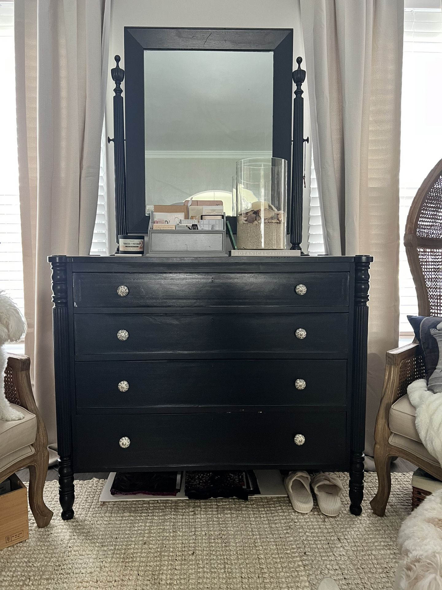 Gorgeous Antique Matte Black Spindle Dresser With Mirror