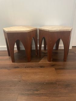 Pair of MCM Harvey Probber Attributed Travertine Hexagon Side Tables Retro—OBO