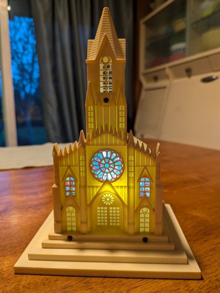 Vintage Hard Plastic Christmas Church, Retro WORKING Raylite Electric Corp Illuminated Musical Church, Retro Lighted Christmas Church