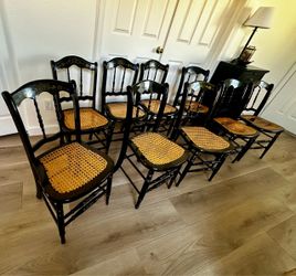 Set of 9 Vintage Black Cane Dining Chairs – Hand-Painted Floral Detail