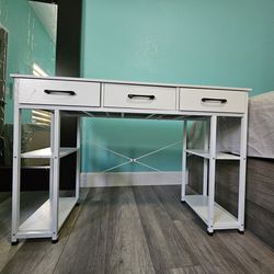 Office Small Computer Desk: Home Table With Fabric Drawers & Storage Shelves, Modern Writing Desk, White, 48"X16" White 48 Inch