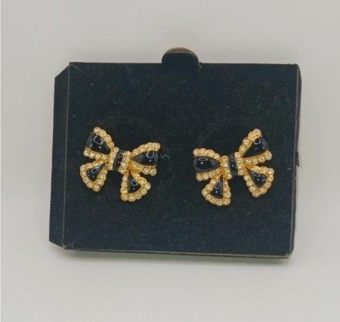 Vintage Joan Rivers Bow Earrings, holdtone, black enamel and Rhinestones