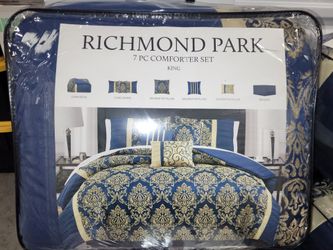 Richmond Park 7 PC King Comforter Set. Navy and Gold. Azul Marino y Dorado colcha para cama King