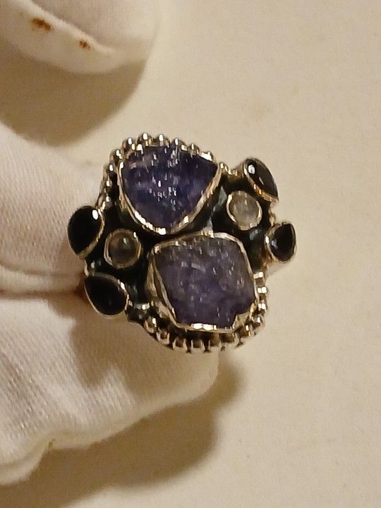 Raw Tanzanite Ring, Ring For Women, Silver Ring, Gift For Women, Iolite Ring, Handmade Gift, Moonstone Ring, Birthday Gifts, Gemstone Ring