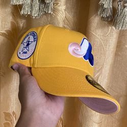 MONTREAL EXPOS YELLOW HAT PINK UV SIDE PATCH FITTED 7 1/8