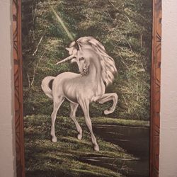 Vintage Velvet Unicorn Signed Painting with Carved Wooden Frame