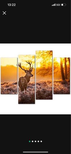 So Crazy Art- Deer in Sunset Wall Art Decor Autumn Forest Canvas Pictures Artwork 4 Panel Animal Wildlife Painting Prints for Home Living Dining Room