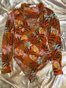 Sheer Mesh Tropical Safari Print Button-Up Bodysuit / Size M