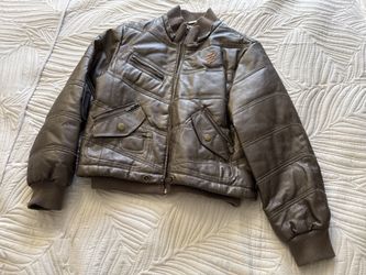 Rocawear Brown Leather Puffer Jacket Womens XL Cropped Y2K Bomber Zip