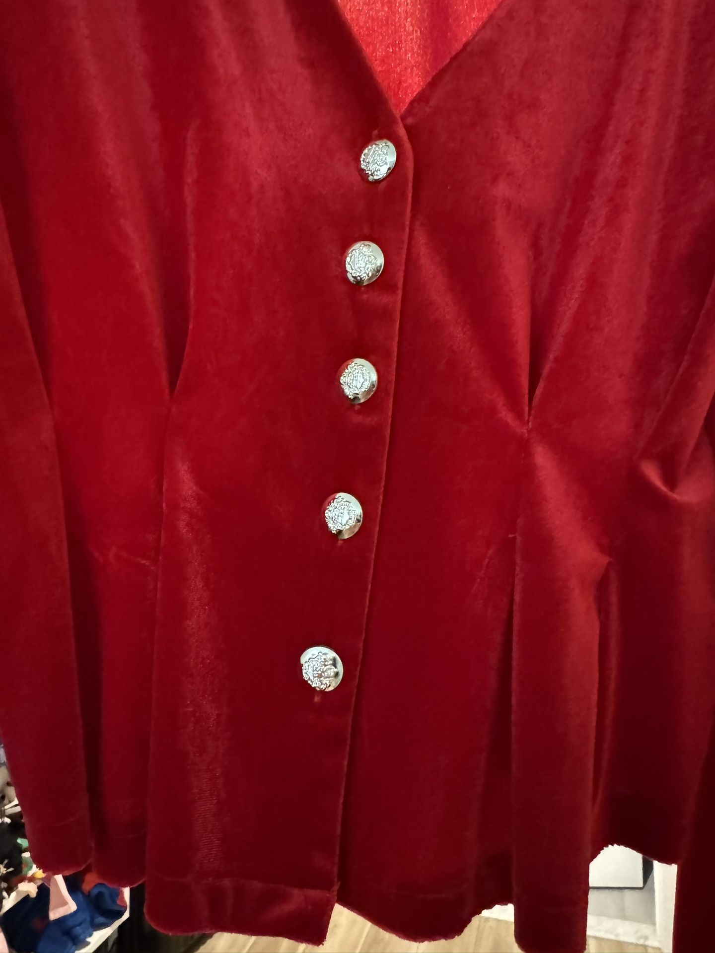 Women’s Red Velvet Gold Button Shawl Bolero Jacket Blouse Size Small