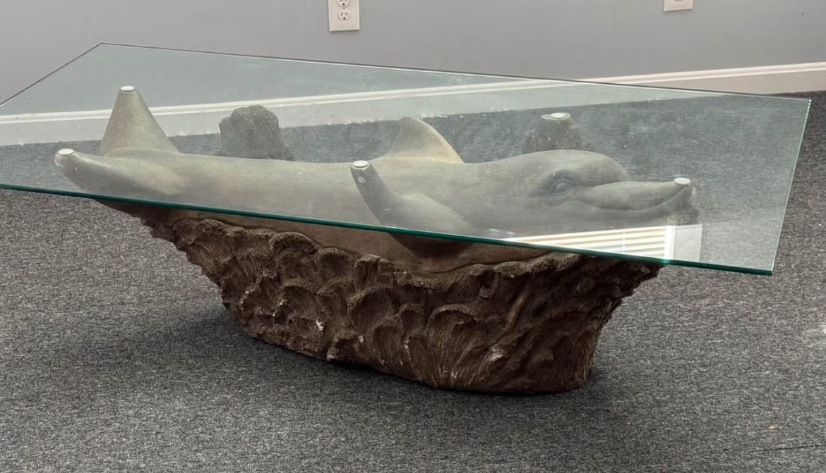 Vintage Dolphin Statue Glass Top Coffee Table