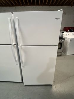 White Whirlpool refrigerator (30" x 66" x 29") with a 90-day warranty on the receipt.