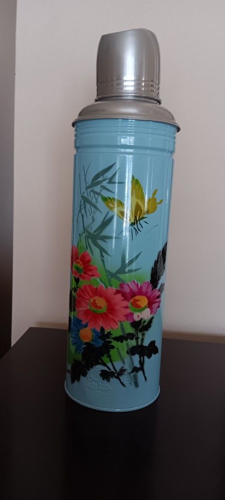 Sunflower Shanghai China Vintage Aluminum Chinese Thermos Blue Floral