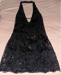 Black Sequin Halter Mini Dress