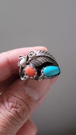 vintage turquoise and coral sterling silver ring size 9.5