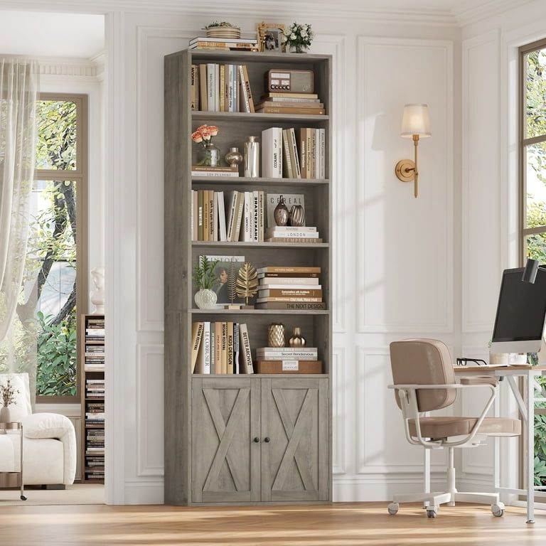 Ash Gray Tall Bookcase with Doors
