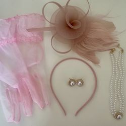 Tea Party Accessories 5 Pcs Fascinator, Head Band, Gloves, Earrings And Necklace