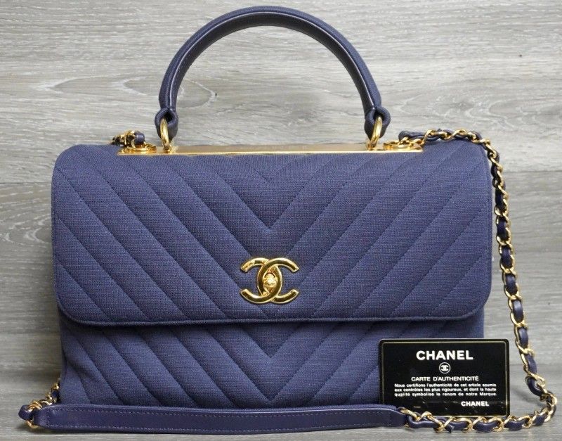Chanel Trendy CC Navy Jersey Chevron Top Handle Shoulder Bag With Gold Hardware