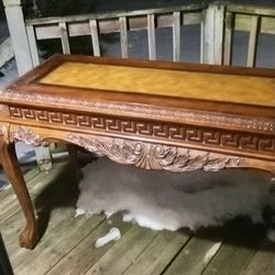 mahogany hand carved table in good condition hi 31 in length 4 ft 8 in with 22 in nice solid table clean