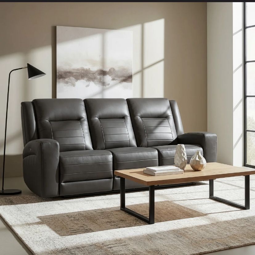 Benji 87.4"' Wide Gray Genuine Leather Power Wall Reclining Sofa with USB Ports