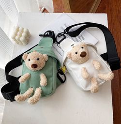 Adorable Plush Bear Chest Bag - Girls' Mini Canvas Messenger and Waist Bag 