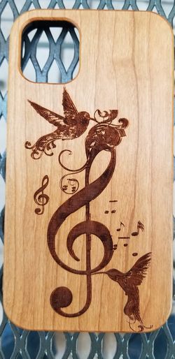 Music note treble clef with hummingbird design laser engraved wood case for iPhone and Samsung Galaxy