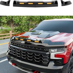 3Pcs Hood Protector with LED Light Compatible with 2019-2026 Chevy Silverado 1500 Hood Deflector Glossy Black Lightshield Replacement for 2019-2026 Ch
